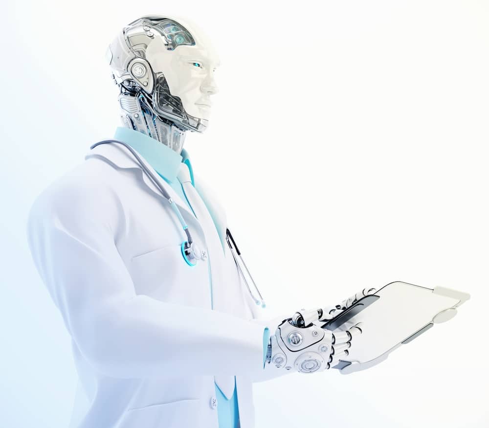 Ein 3D-Bild eines Roboterarztes, der ein Tablet hält.